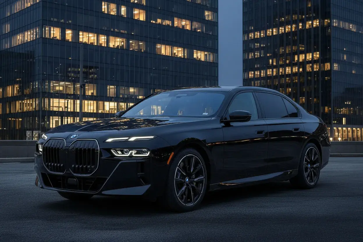 Black Swan luxury sedan with professional chauffeur ready at the curb