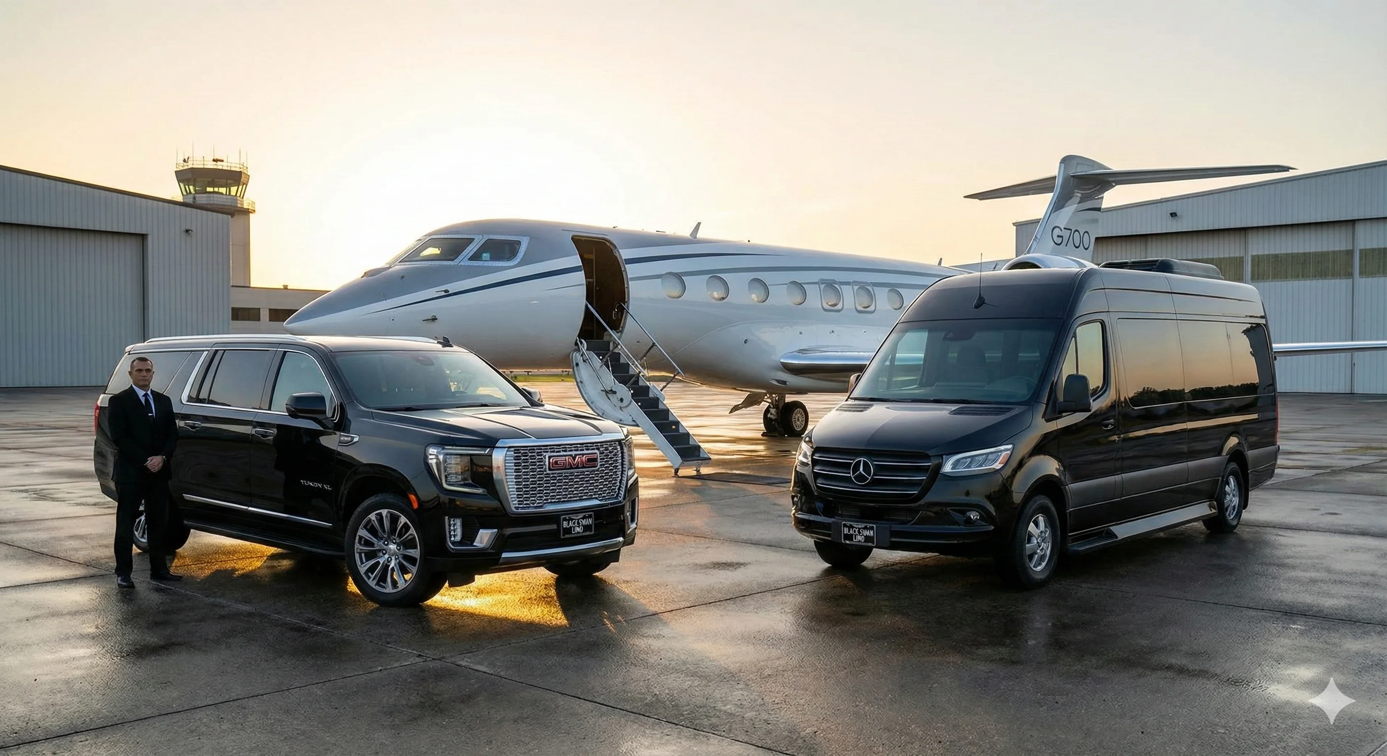 Black Swan fleet vehicles with chauffeur beside a private jet