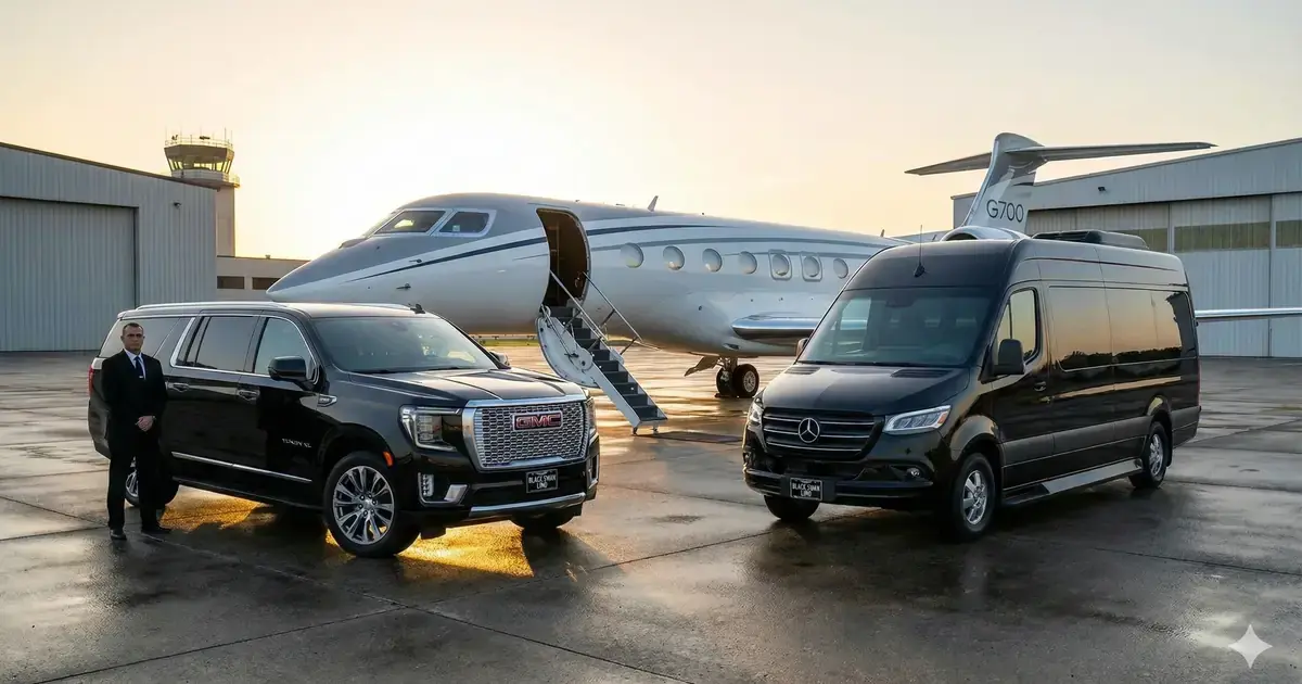 Black Swan Executive Chauffeurs fleet — flagship vehicle on a private aviation tarmac