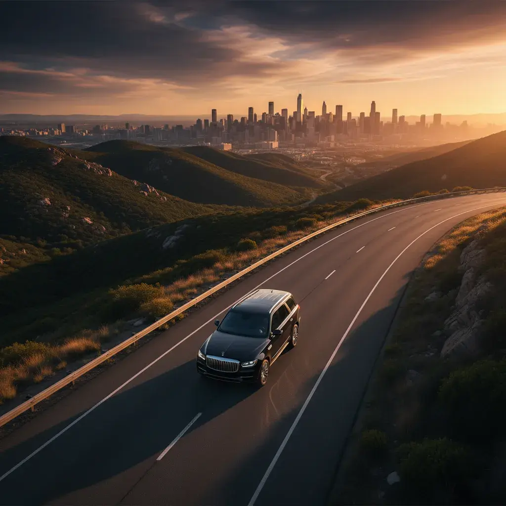 Luxury SUV driving on an open highway at golden hour