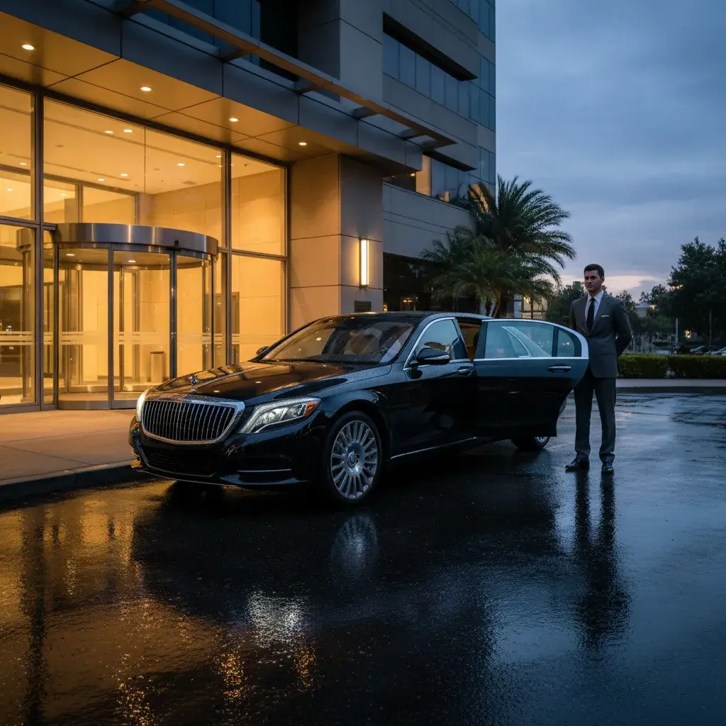 Professional chauffeur with luxury sedan at a corporate entrance